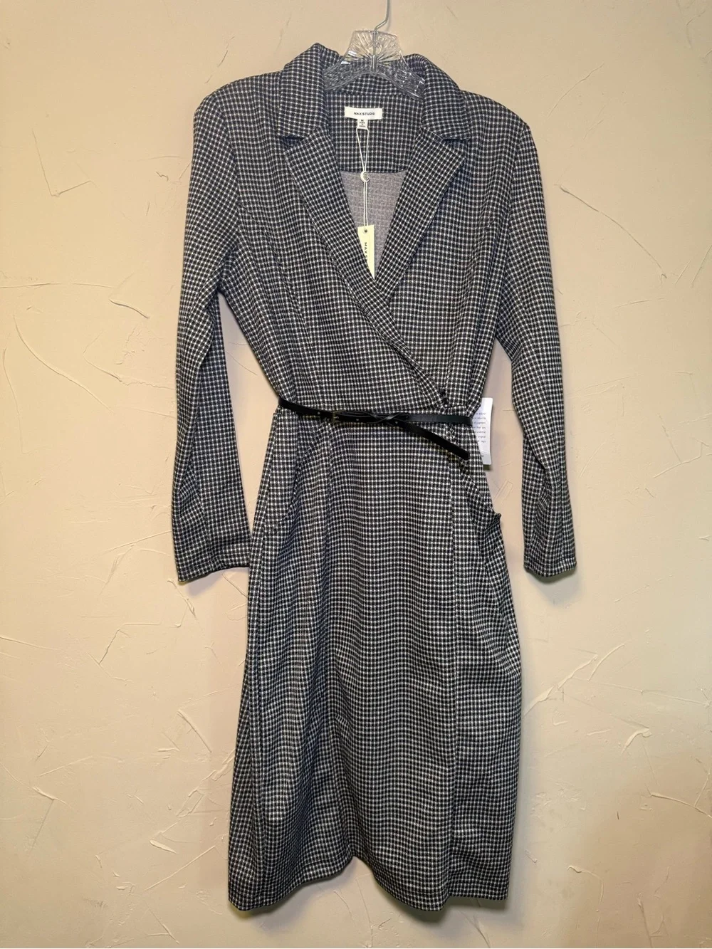 NWT Max Studio Checked Midi Blazer Dress Faux Wrap Long Sleeve Belted Business - Picture 3 of 15